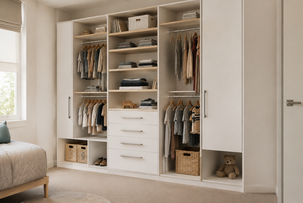 Full kids' wardrobe system showing flexible configuration with hanging, shelves and drawers