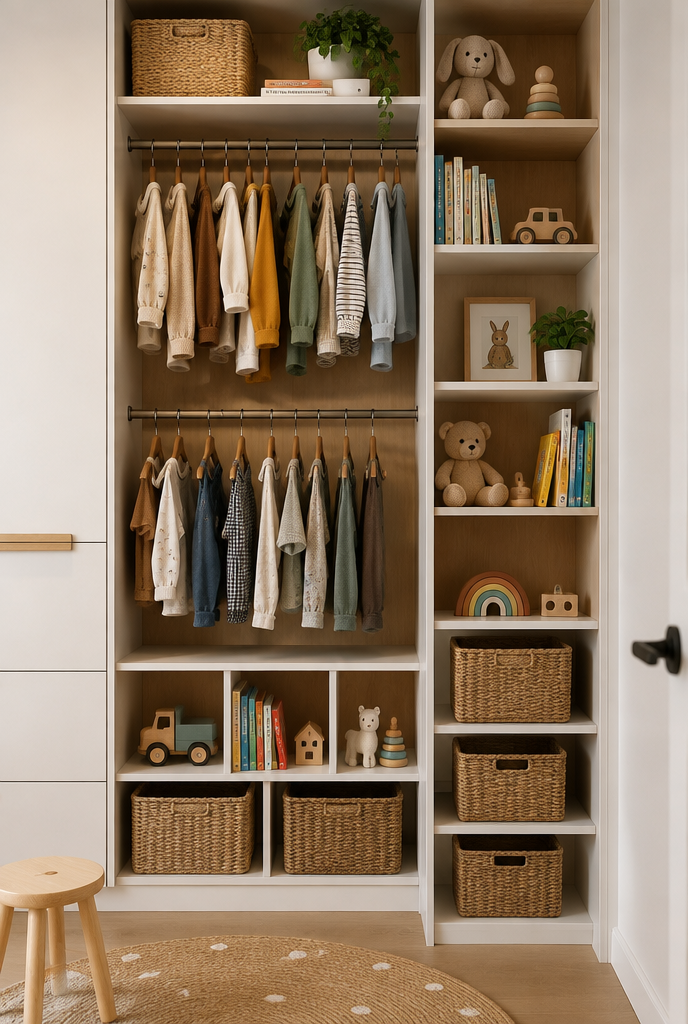 Toddler-configured wardrobe with low hanging rail, open cubbies and basket drawers on undermount runners