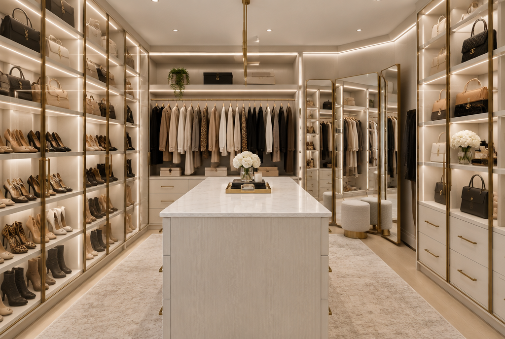 Luxury boutique walk-in wardrobe with glass-front display cabinets, central island and integrated lighting
