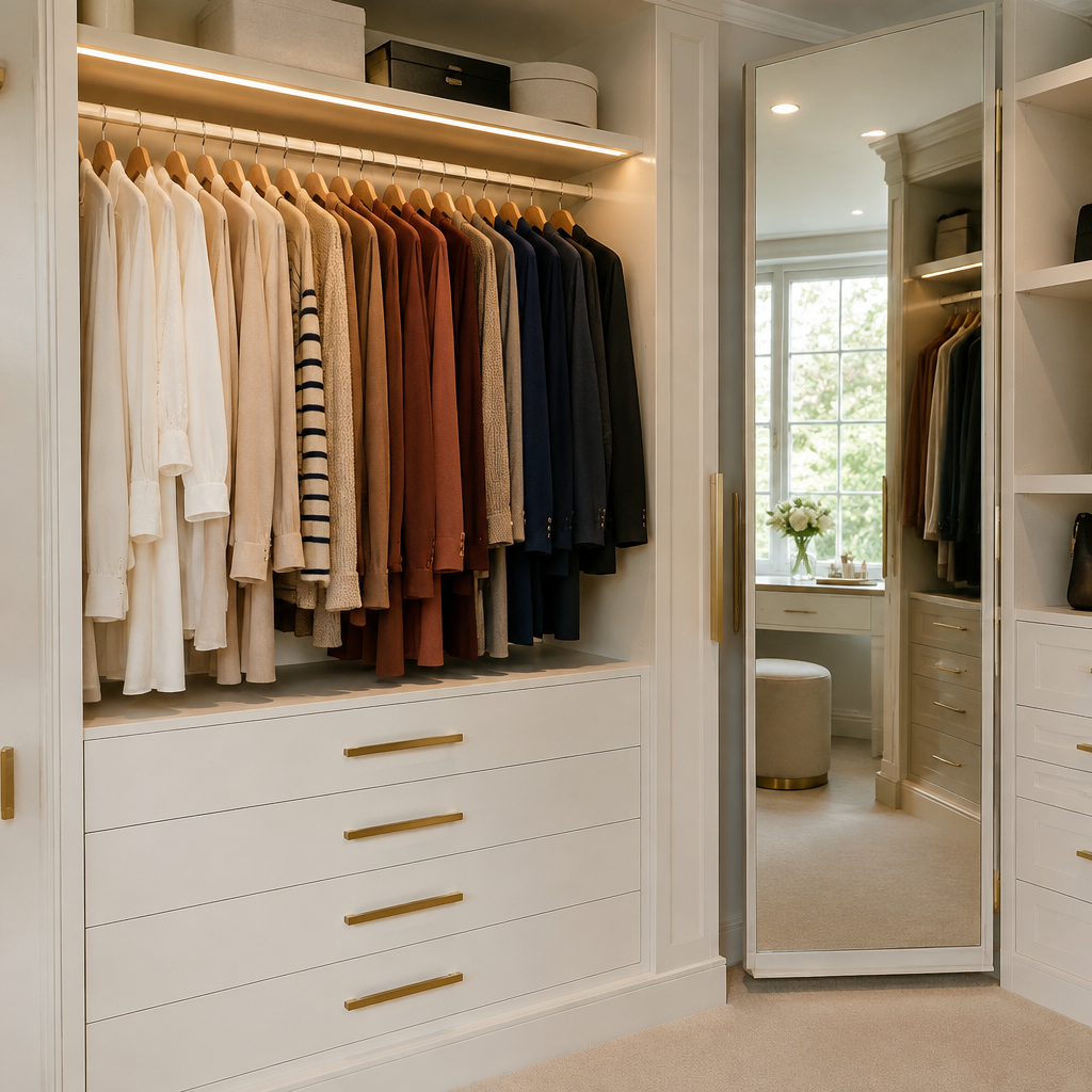 Hanging rail with colour-curated clothing and pivoting full-length mirror beside it