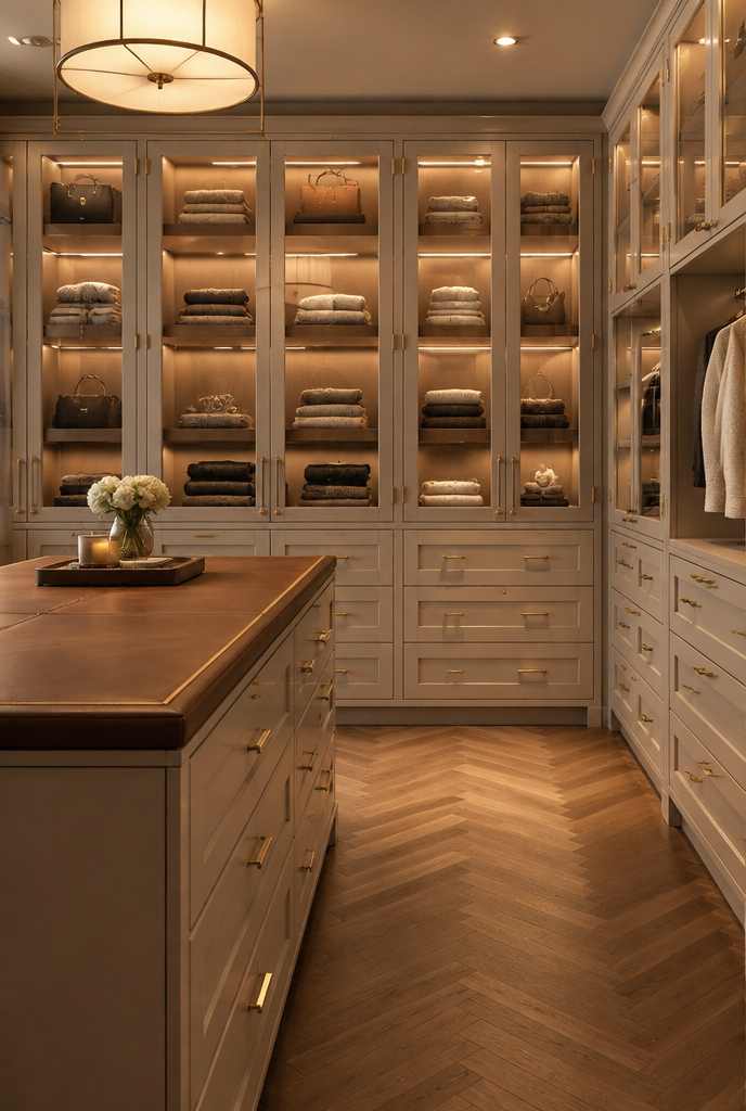 Boutique-style walk-in closet with lit display cabinets, island bench and herringbone floor