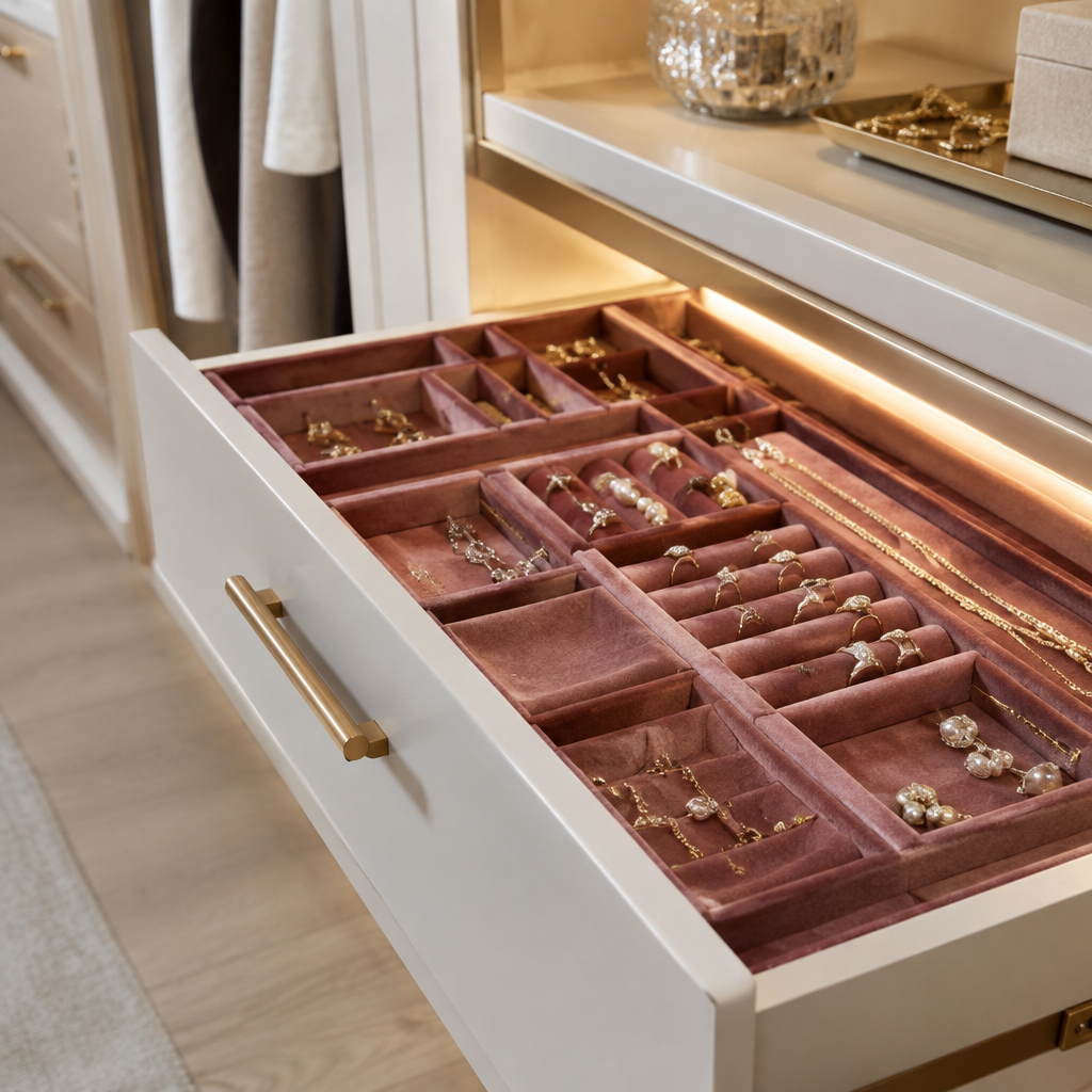 Open velvet-lined jewellery drawer with rings and necklaces, brushed brass handle