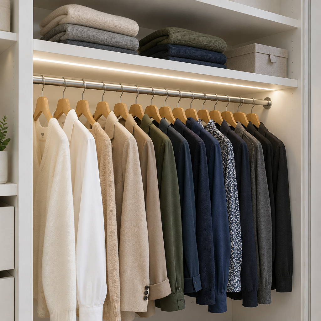 Hanging rail section with colour-curated clothing and LED strip above