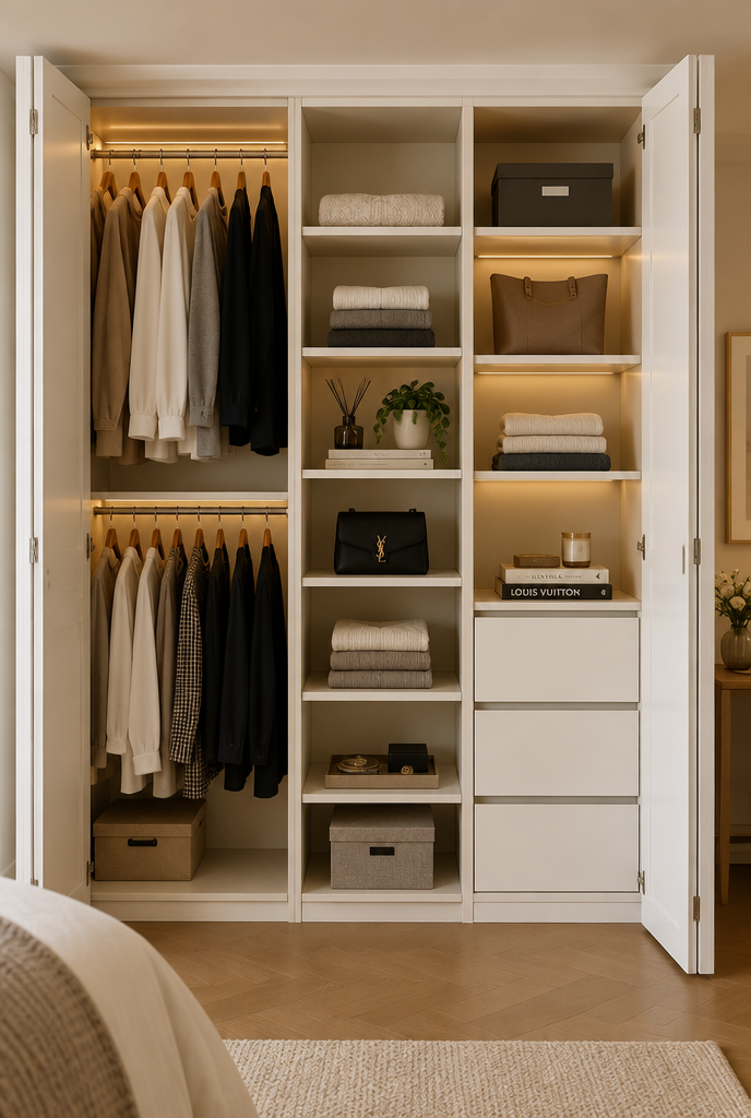Full-height built-in wardrobe interior with hanging section, shelf tower and drawer stack