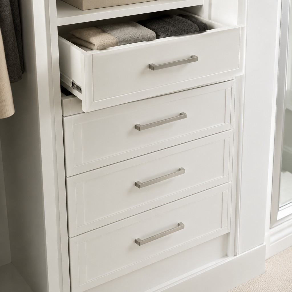 Four-drawer stack with brushed nickel pulls and undermount runners, white lacquer cabinetry
