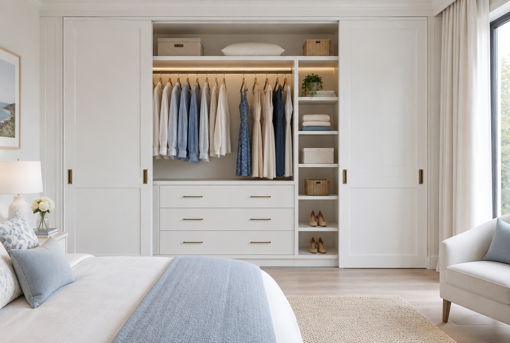 Bedroom with floor-to-ceiling built-in white wardrobe, sliding doors open revealing organised interior
