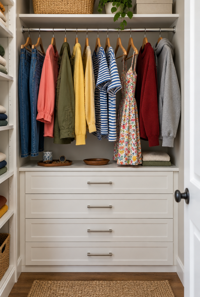Walk-in wardrobe hanging rail with colourful clothing and undermount drawer stack below