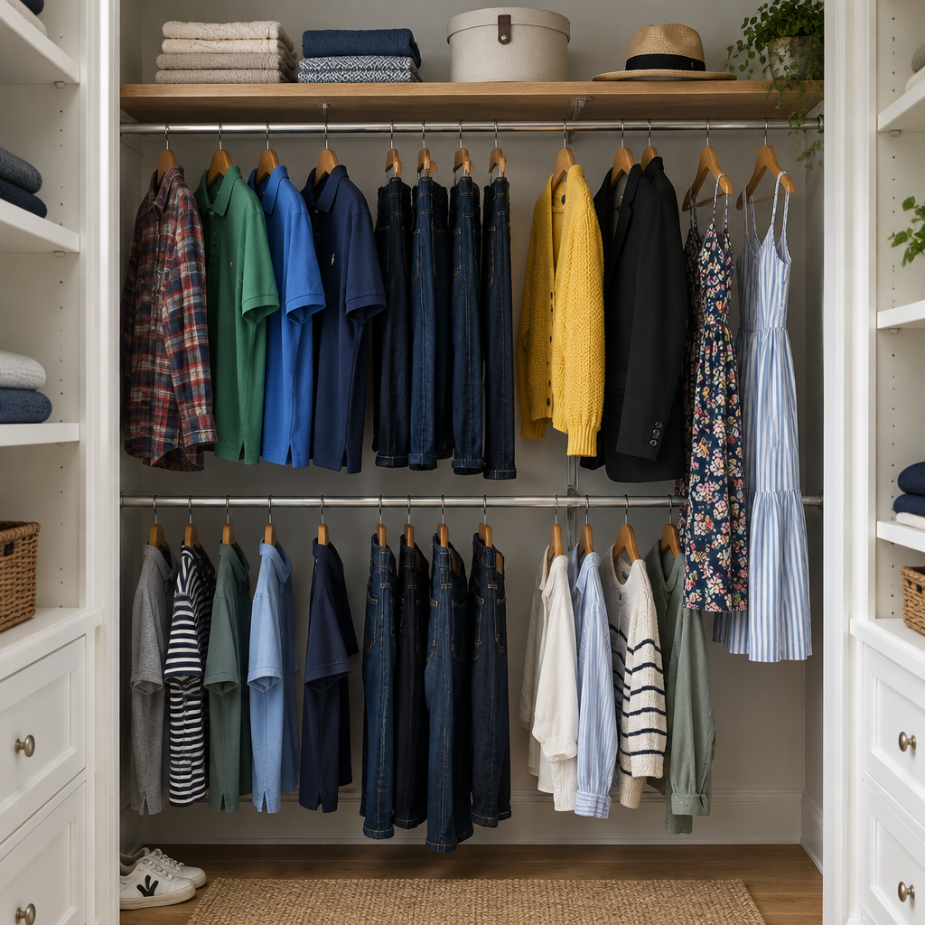 Double hanging rail with mixed everyday clothing in various colours