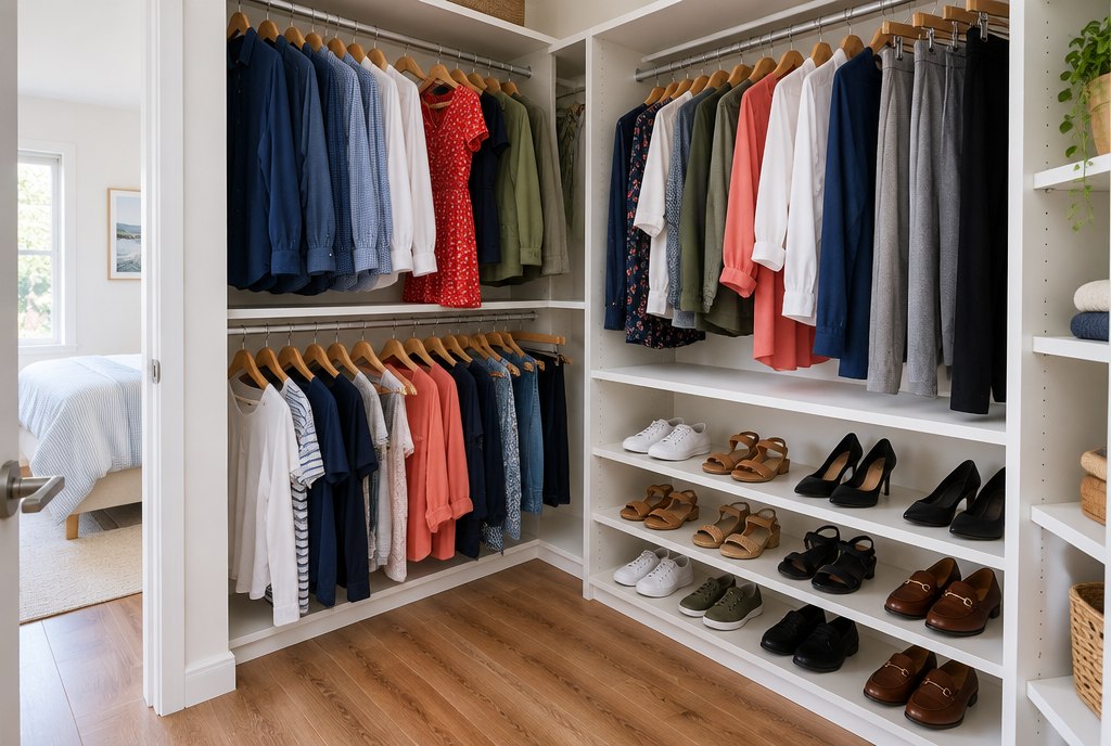 Family home walk-in wardrobe with double hanging rails and colourful everyday clothing