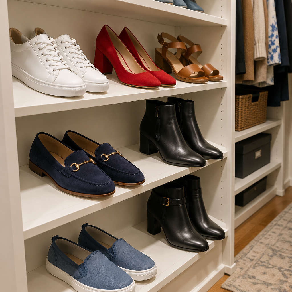 Angled shoe shelves with colourful varied footwear