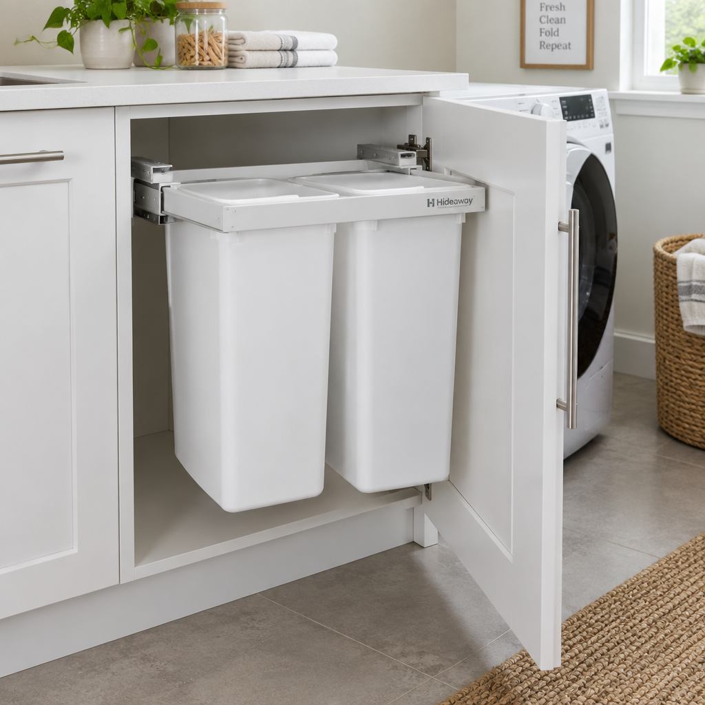 Top-rail pull-out bin system inside white cabinetry, bins suspended from top-mounted frame