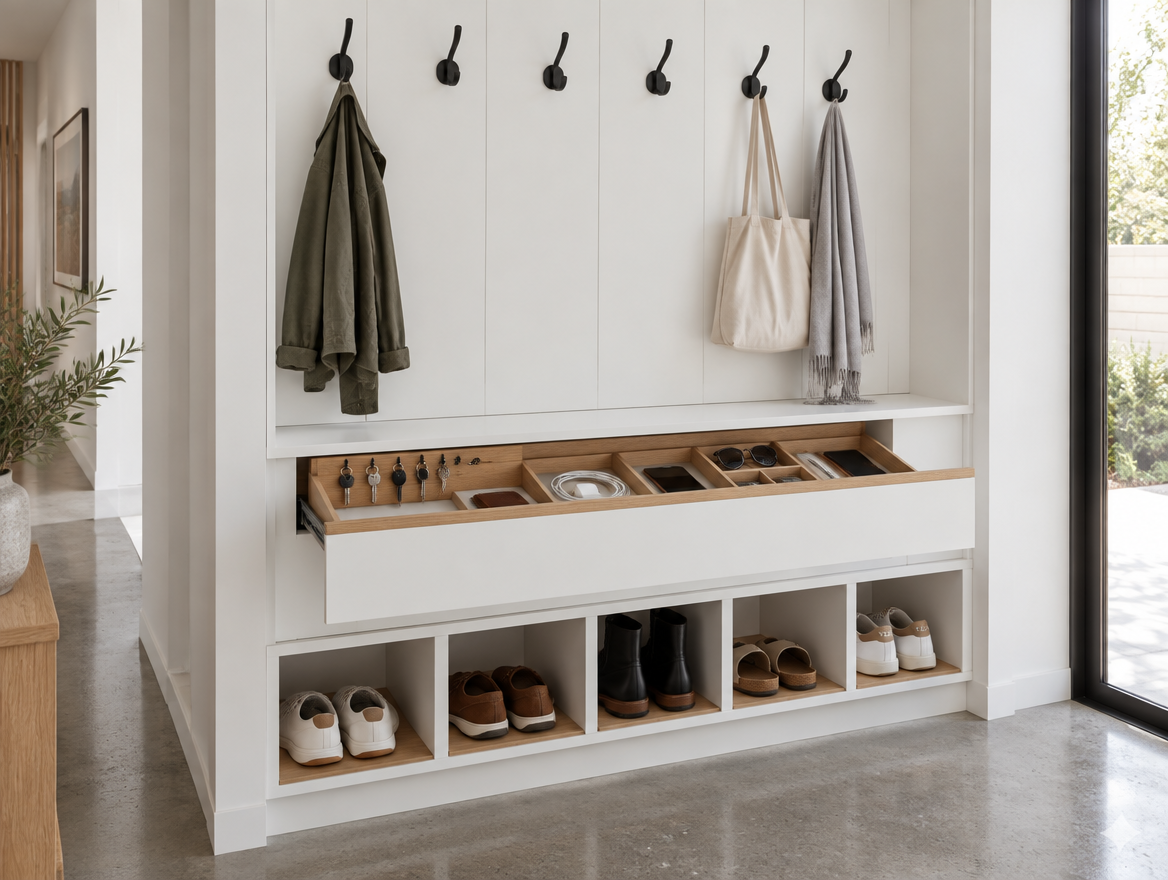 Wall-mounted mudroom unit with coat hooks and pull-out key organiser drawer