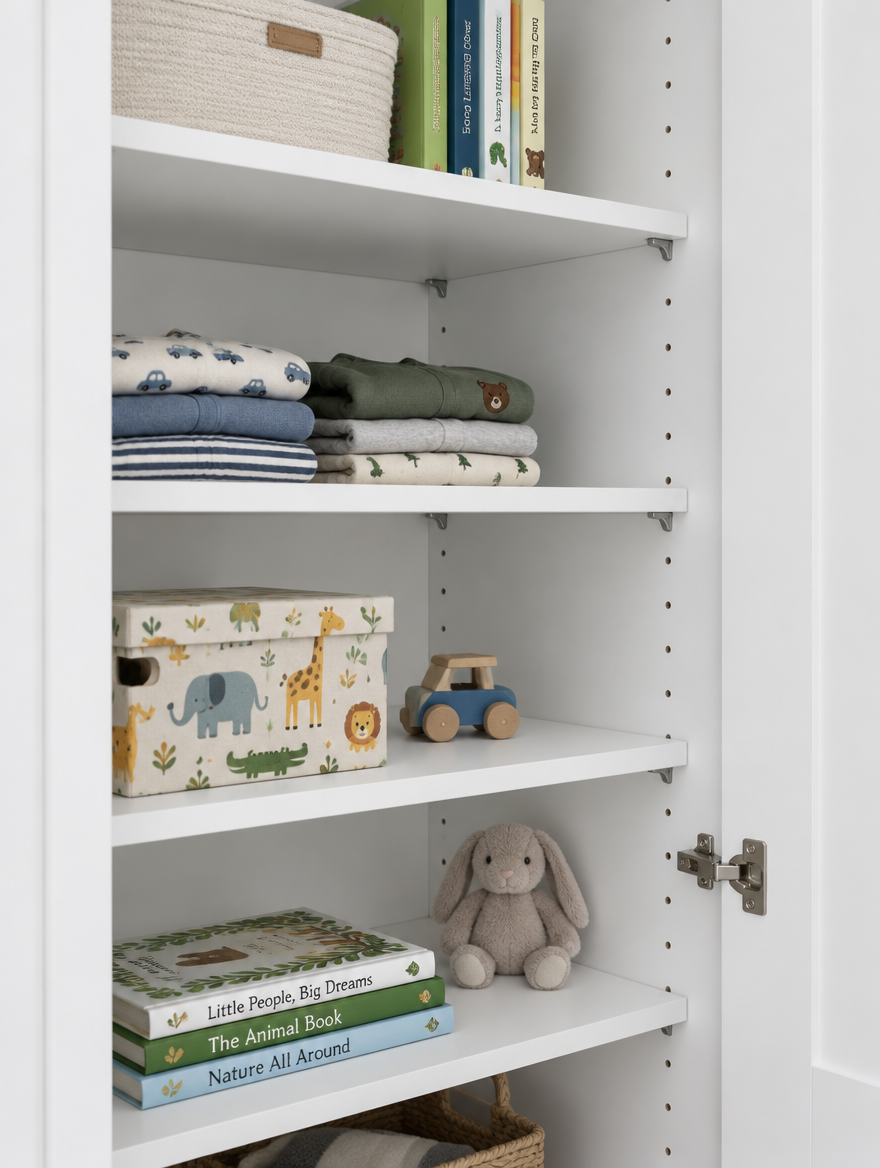 Adjustable shelf system close-up showing moveable panels
