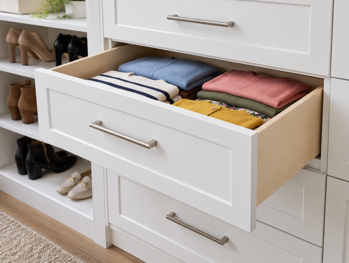 Soft-close drawer stack integrated into white wardrobe cabinetry