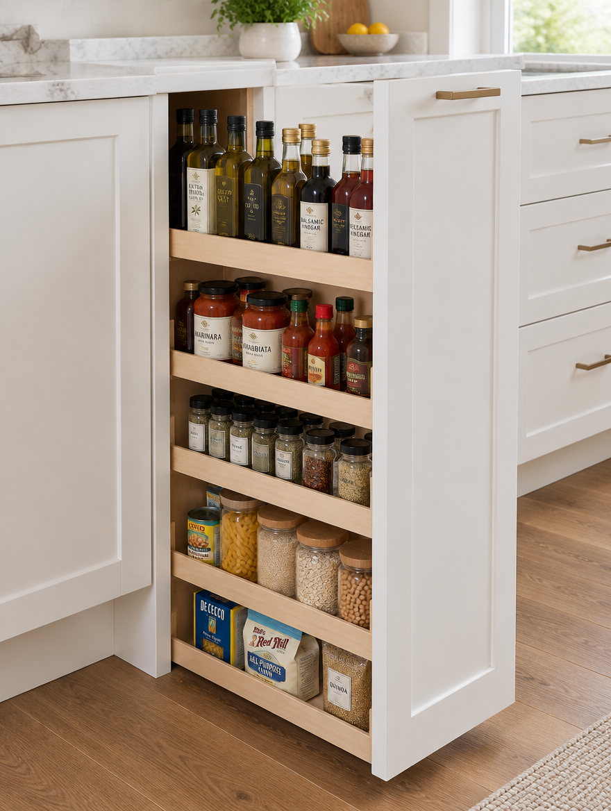 Pull-out pantry organiser with spice jars and condiments contained below benchtop