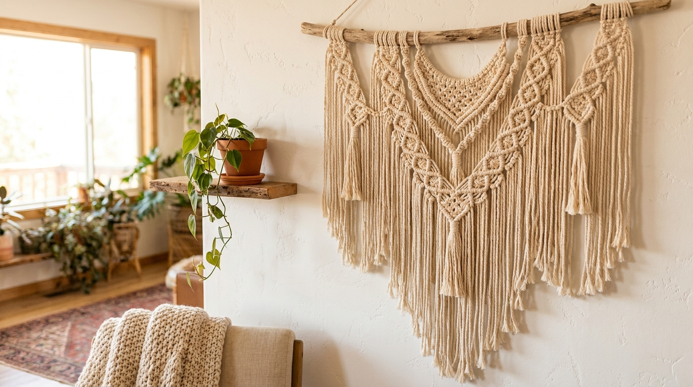 Tapiz de macramé hecho a mano colgado en una sala de estar luminosa