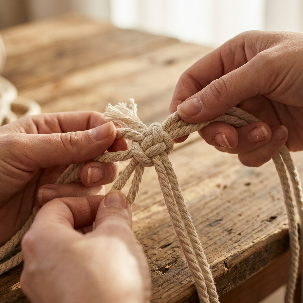 Manos anudando un cordón de macramé paso a paso