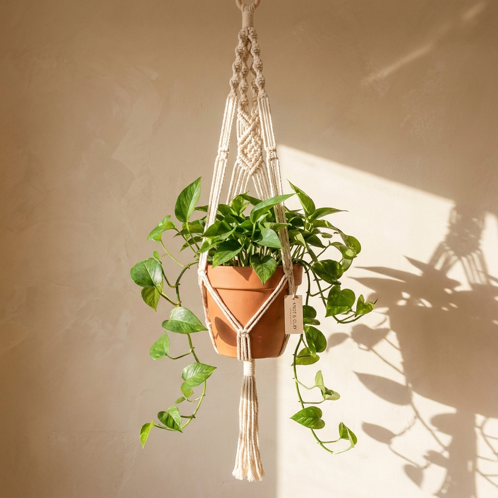 Portamacetas de macramé terminado con una planta