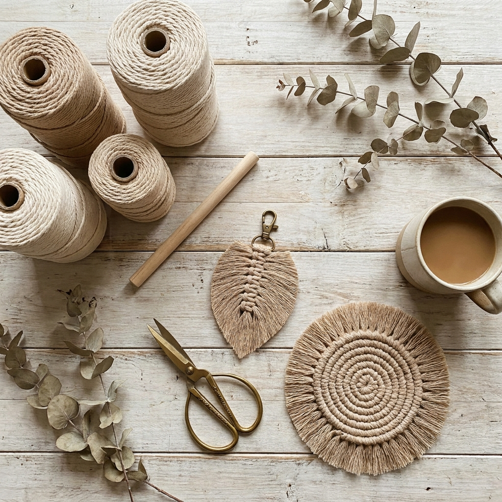 Materiales de macramé: cordón, tijeras y proyectos pequeños terminados