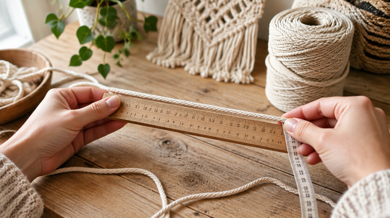 Midiendo cordón de algodón para macramé con una regla y una cinta métrica