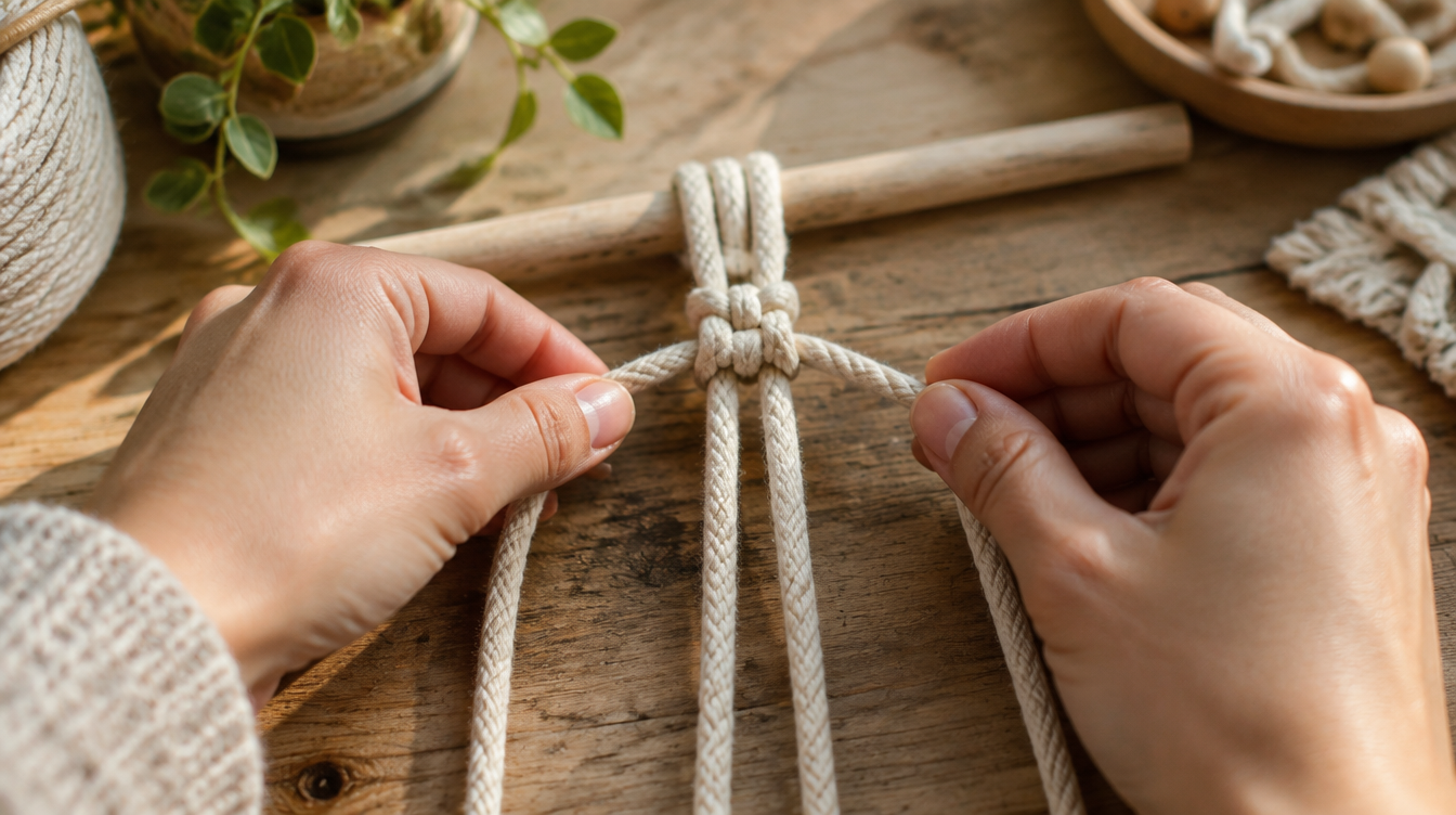 Manos ajustando un nudo cuadrado de macramé con cordón de algodón sobre una barra de madera