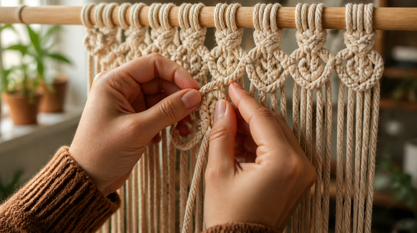 Manos anudando un nudo festón decorativo de macramé sobre una barra de madera