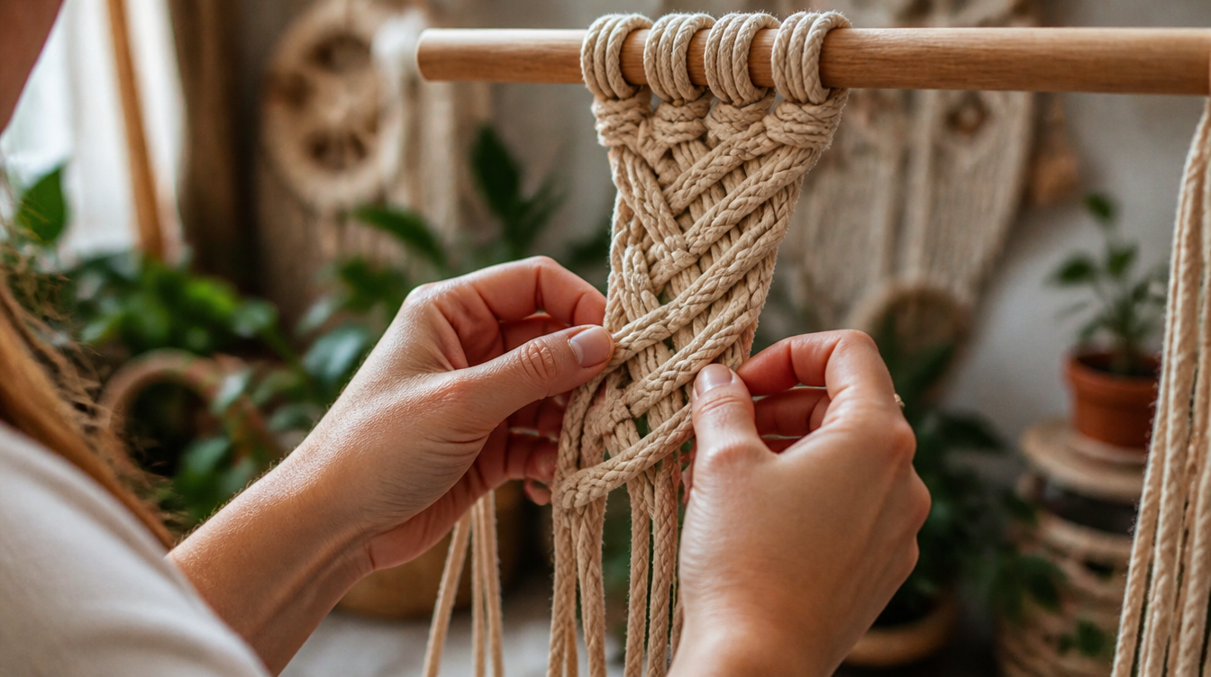 Manos trenzando cuatro hilos de cordón de macramé sobre una barra de madera