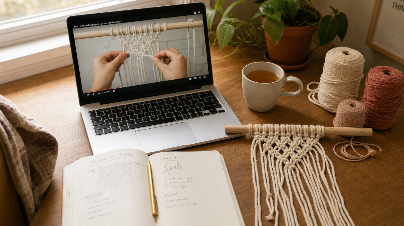 Escritorio con un portátil mostrando un vídeo curso de macramé, cuaderno de notas y ovillos de cordón