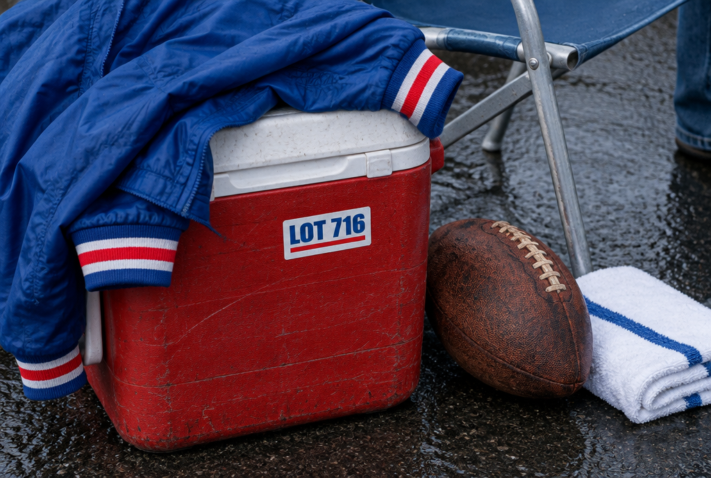 Game-day objects arranged as a Buffalo football culture still life