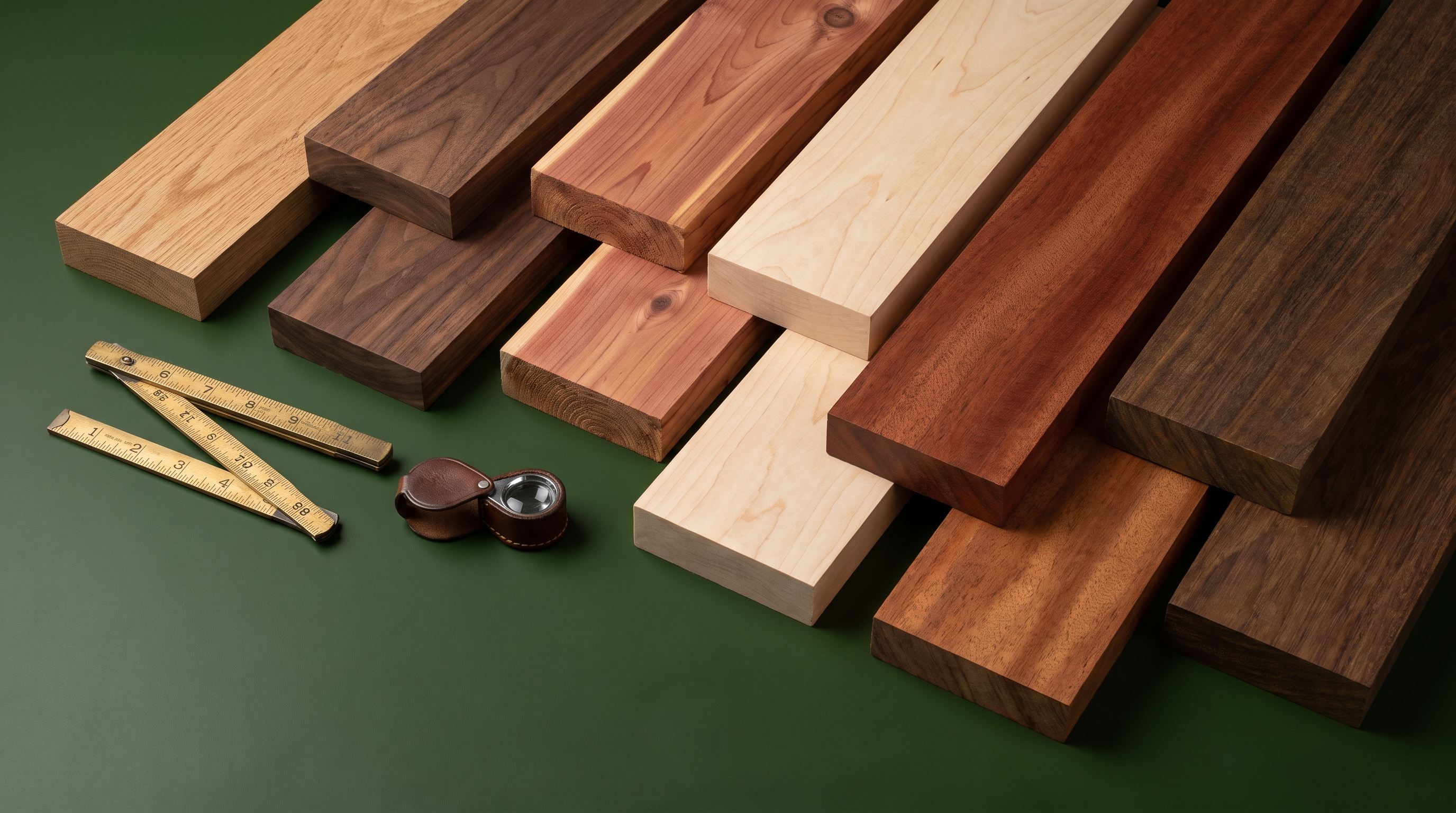 Curated lumber samples showing varied wood grain and color