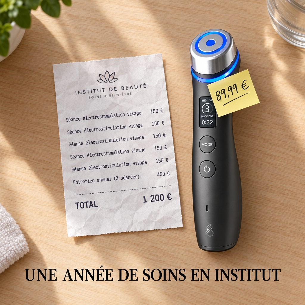 Ticket d'institut de beauté à 1 200 € à côté d'un appareil de soin visage à 89,99 €