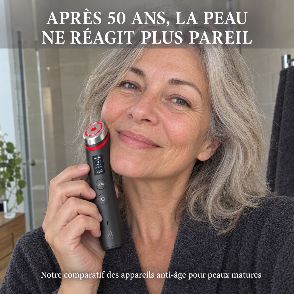 Femme d'environ 55 ans utilisant un appareil de soin visage le long de la mâchoire