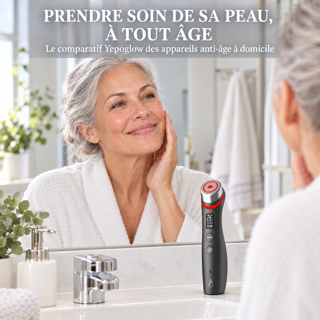 Femme d'environ 60 ans souriante devant son miroir, appareil de soin visage sur le lavabo