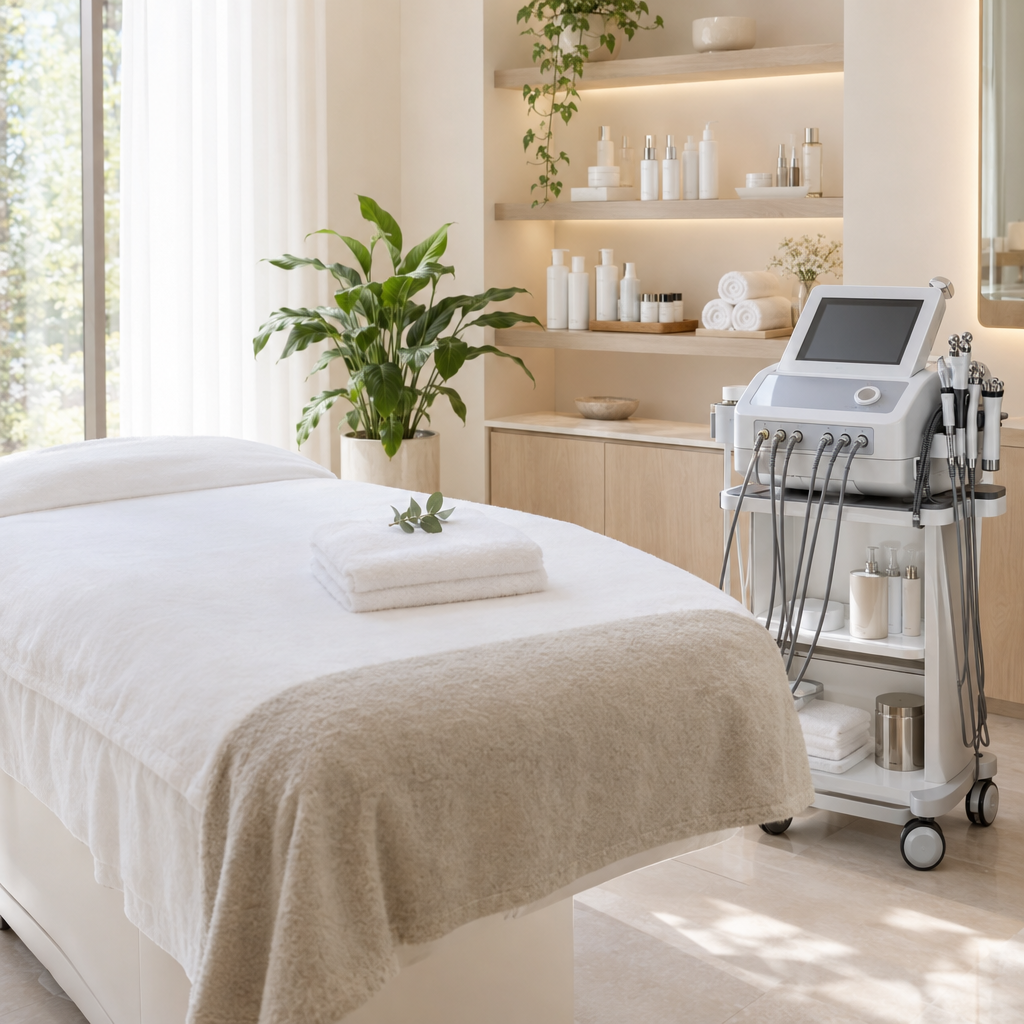 Cabine d'institut de beauté avec machine de soin du visage