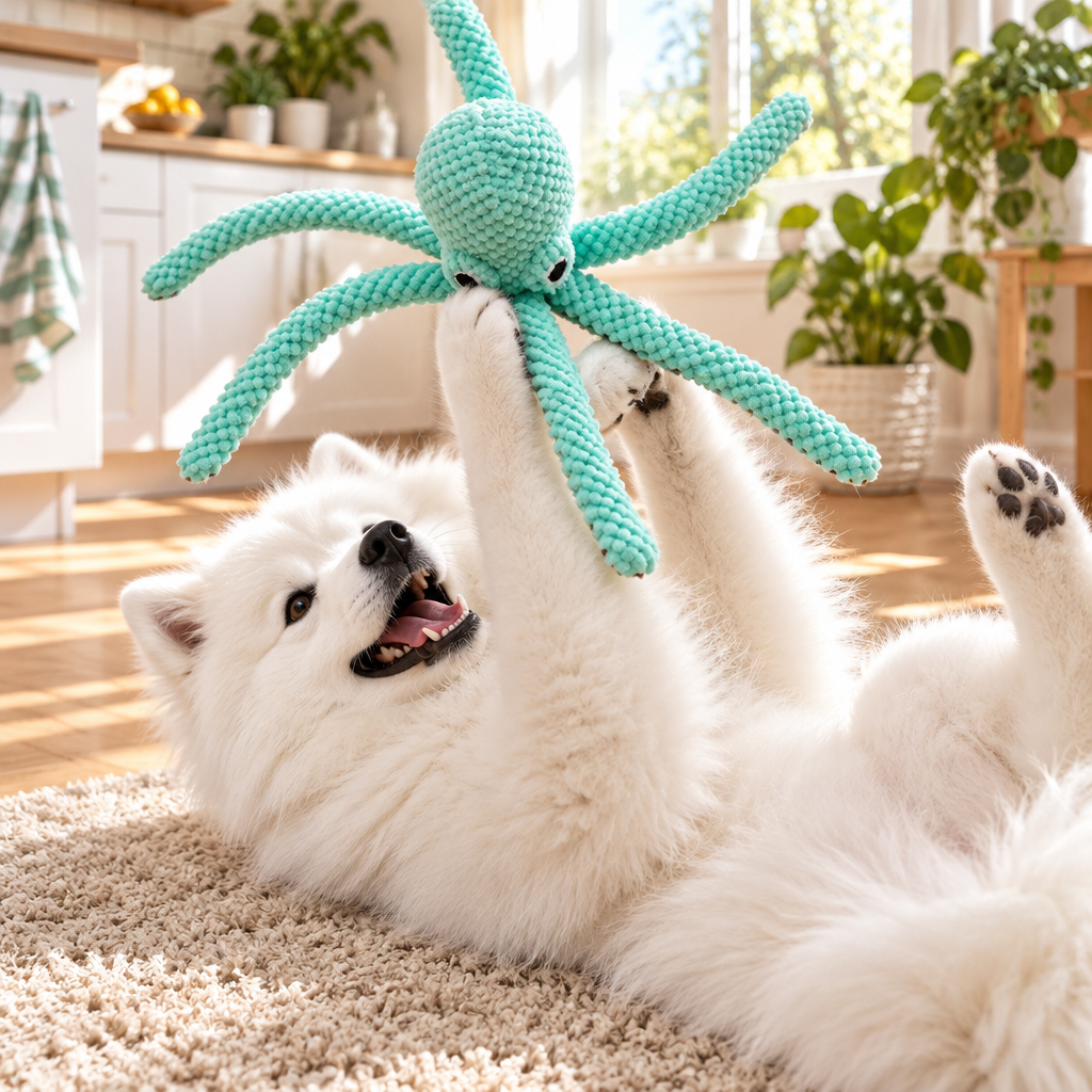 Samojed bawi się Oktusiem