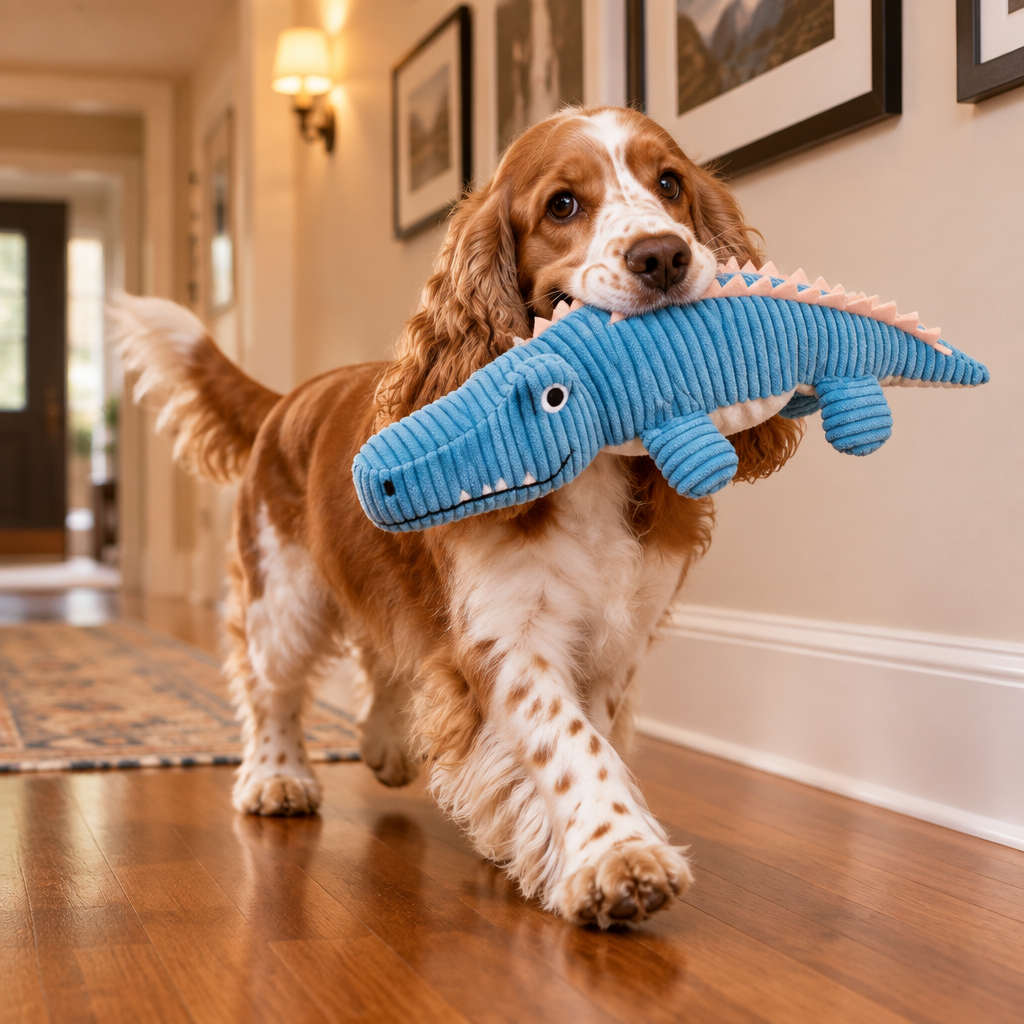 Cocker spaniel niesie Krokusia