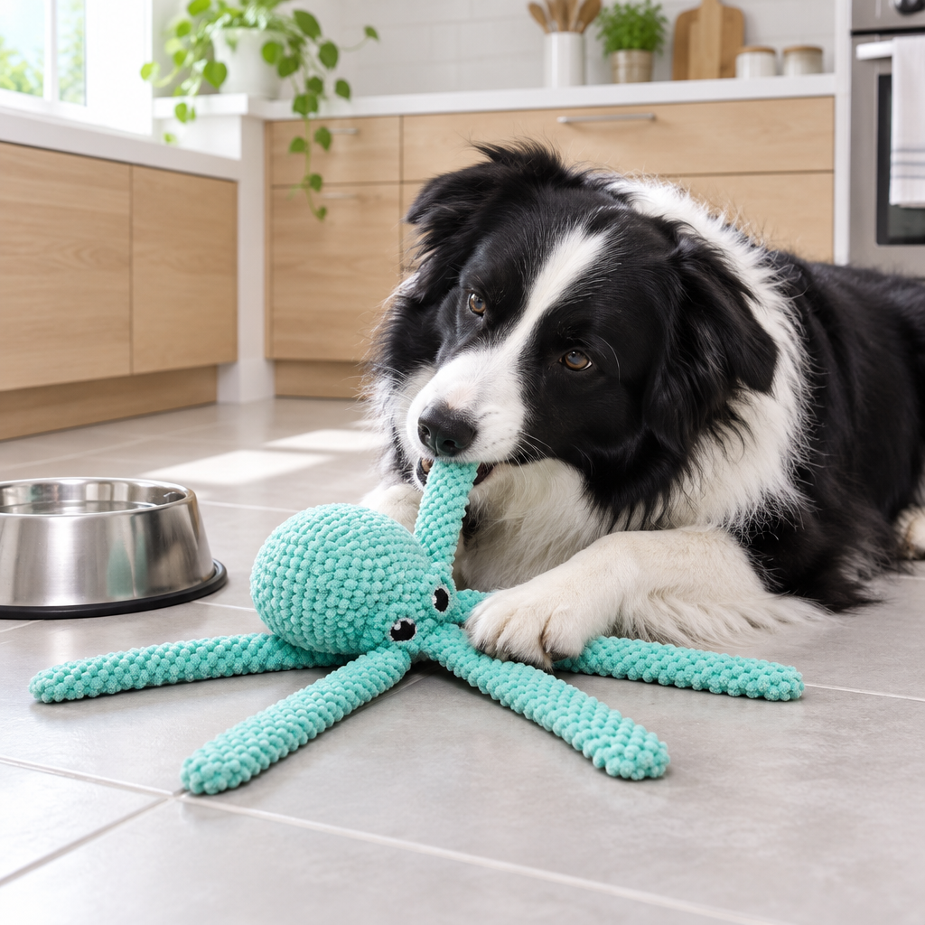 Border collie z Oktusiem w kuchni