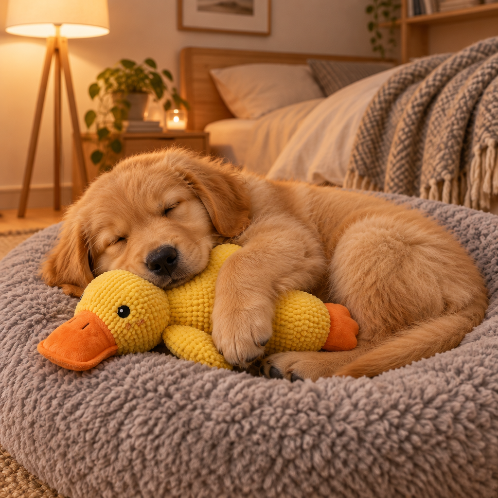 Golden retriever śpi z Kwakusiem