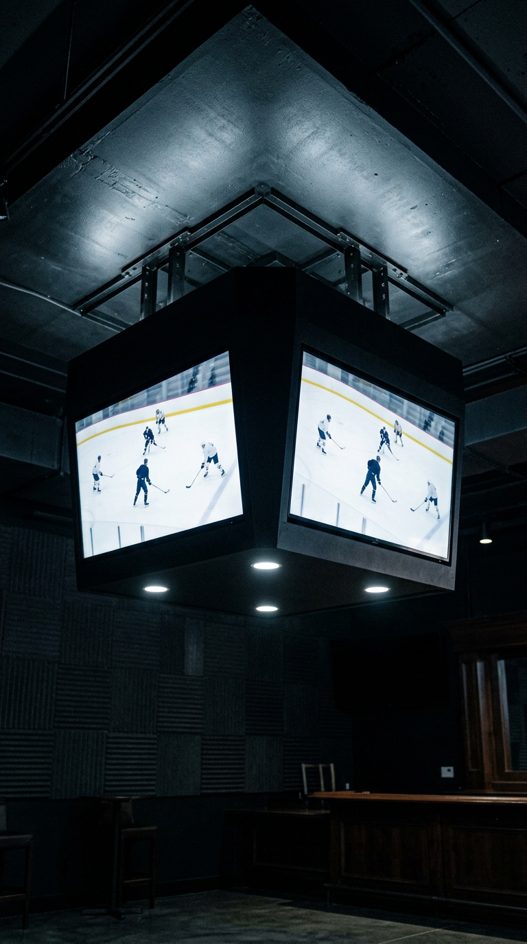 ArenaBox ceiling jumbotron glowing in a dark room