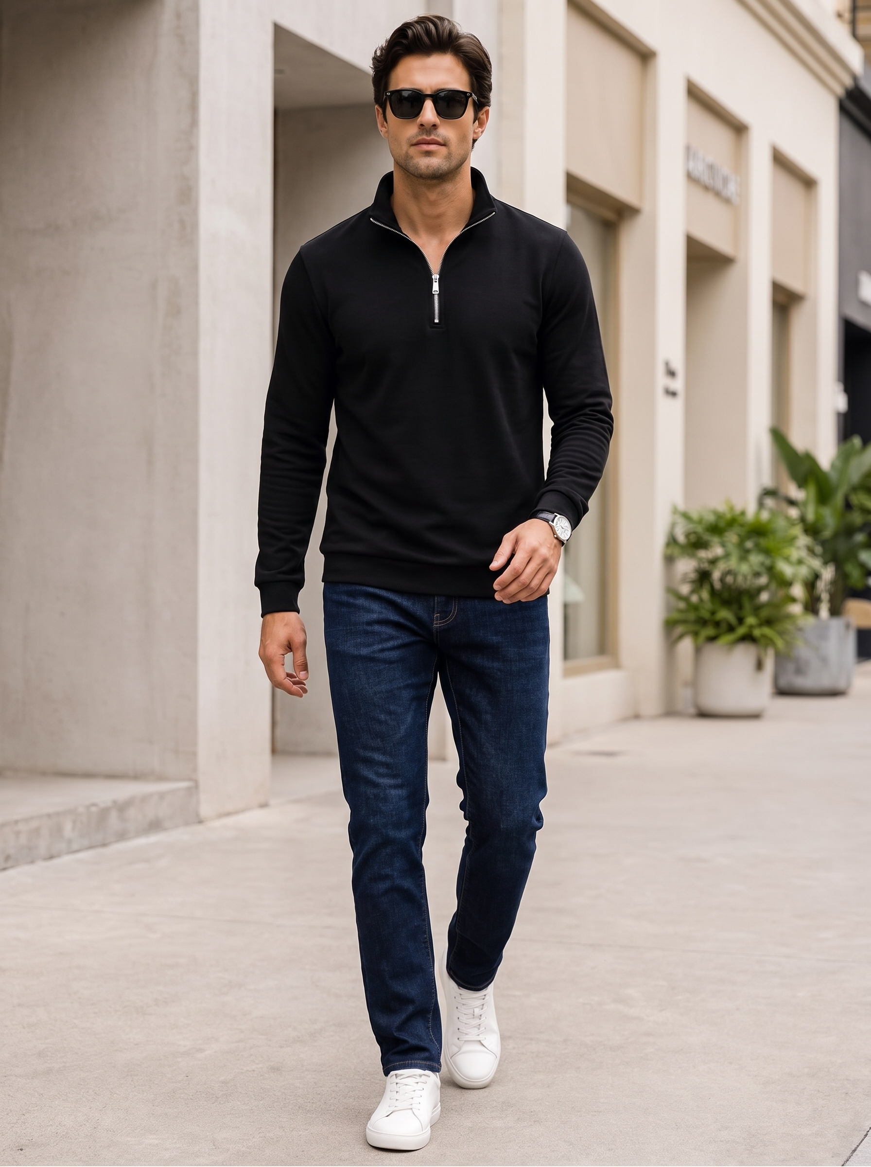 Modelo caminando con sudadera negra, jeans azul oscuro y tenis blancos en una calle contemporánea.
