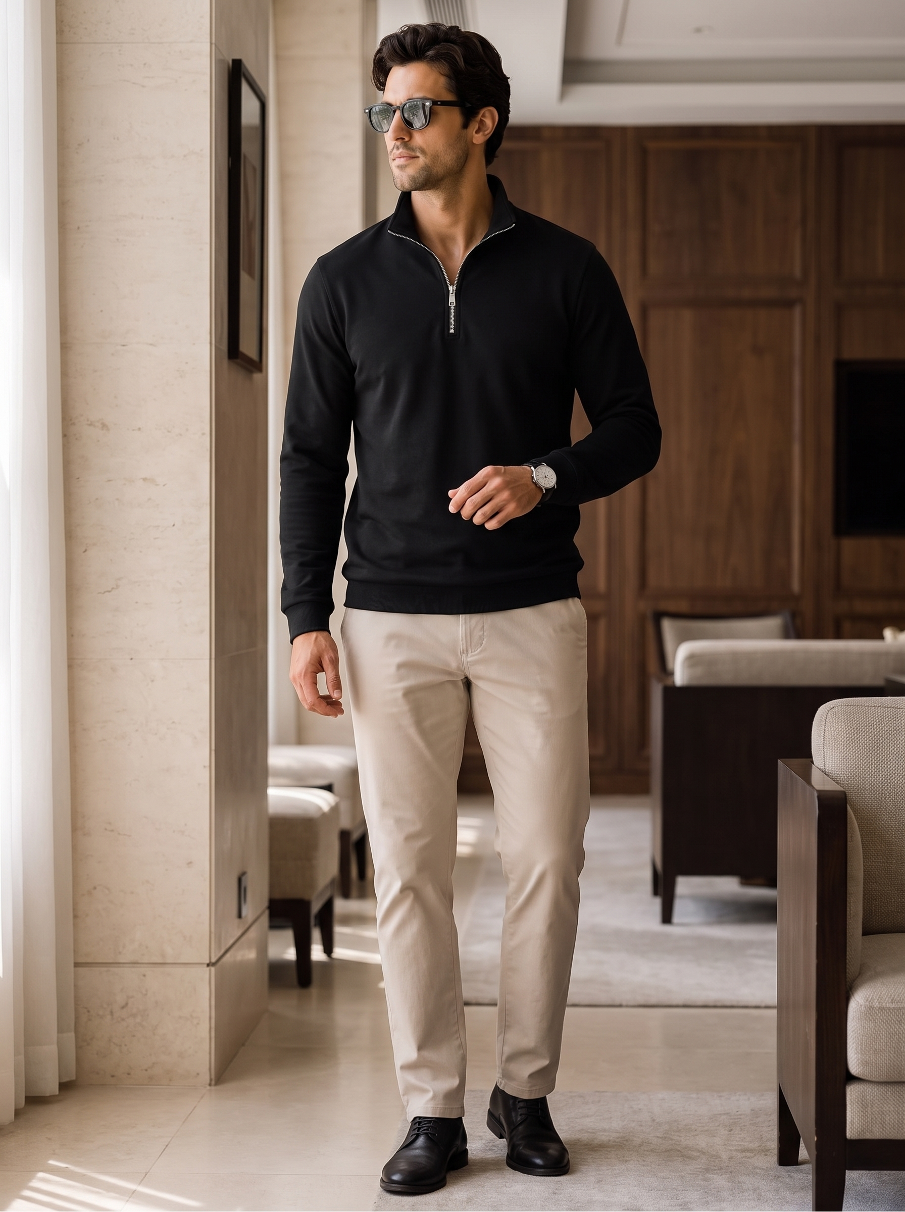 Sudadera negra combinada con pantalón beige de vestir y zapatos oscuros en un interior elegante.