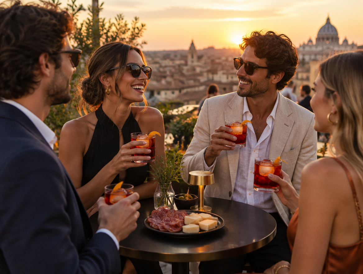 stijlvolle vrienden drinken een negroni cocktail op een terras