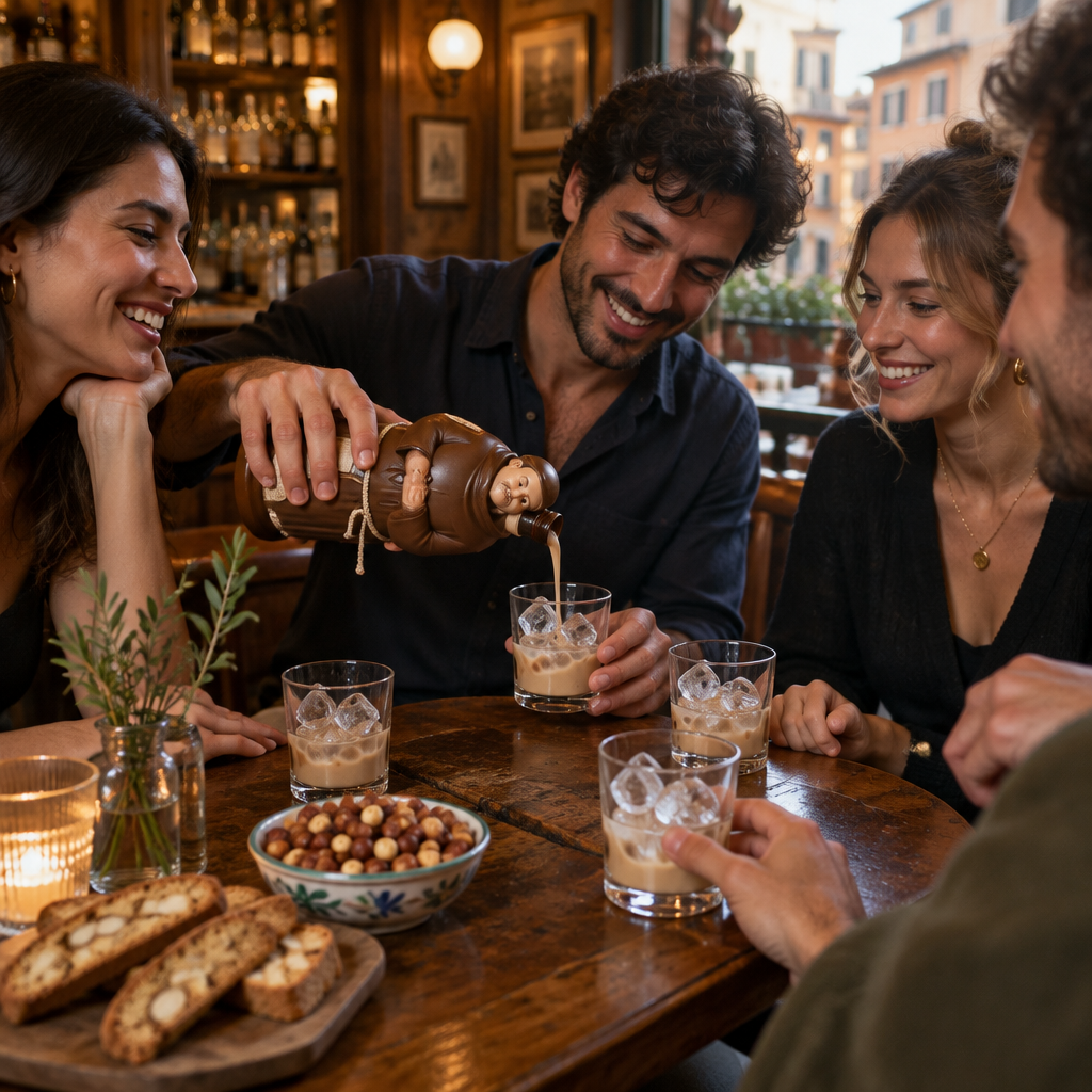 vrienden proosten met frangelico likeur in een italiaanse bar