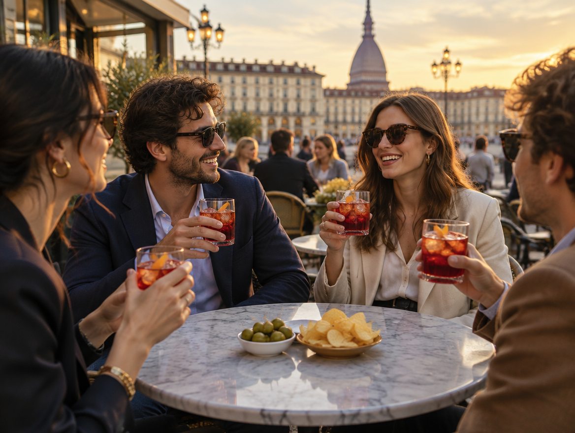 vrienden drinken italiaanse vermout op een terras