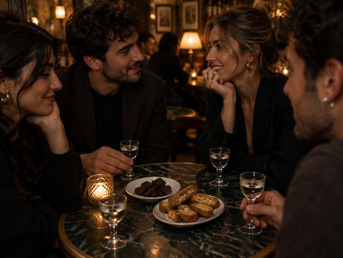 vrienden drinken sambuca drankje met koffiebonen in een italiaanse bar