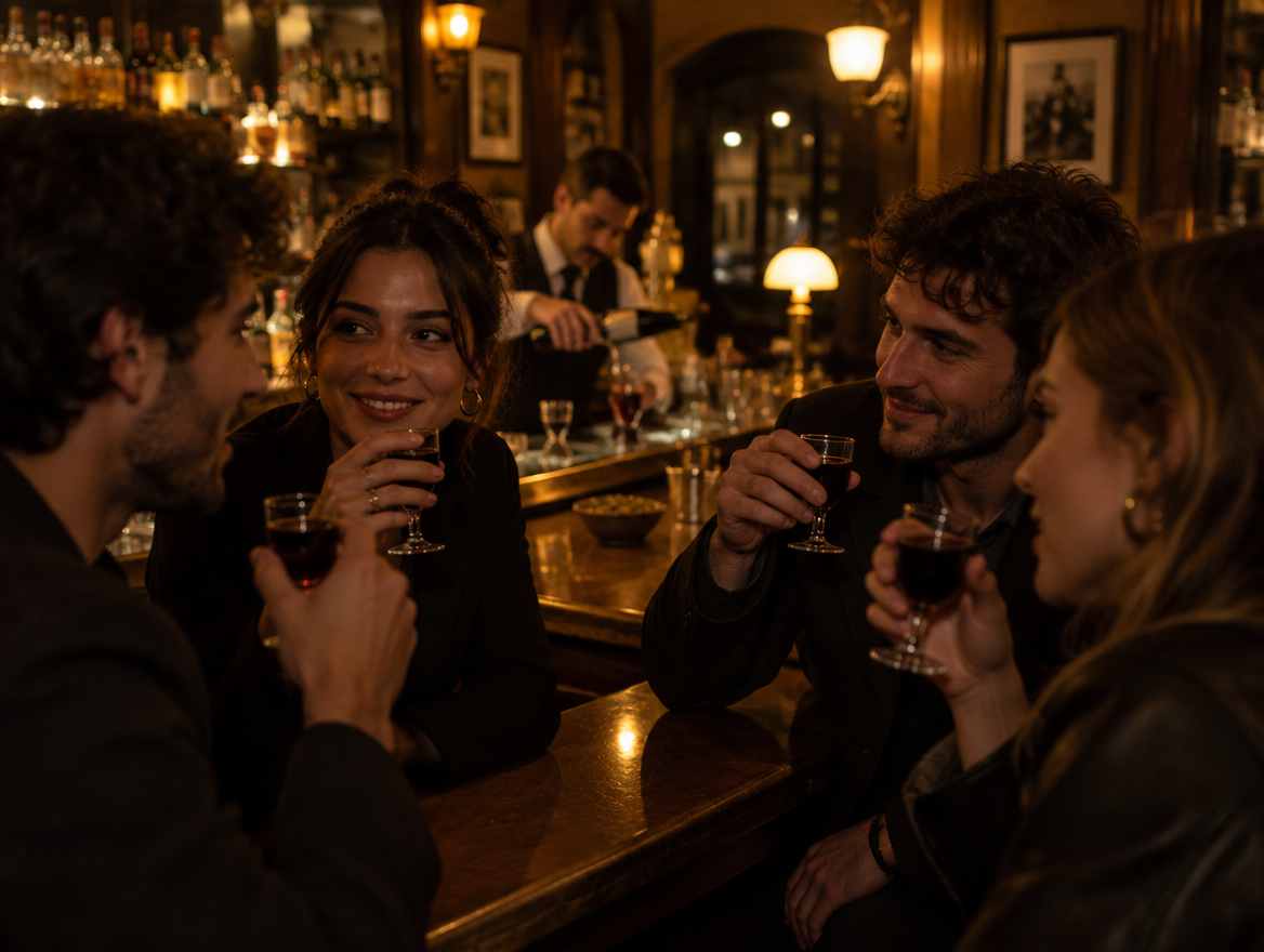mensen drinken fernet branca aan de bar in een italiaanse bar