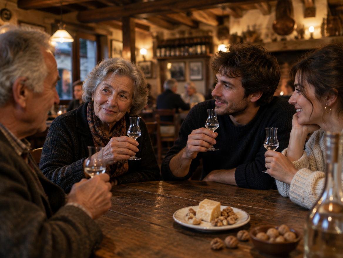 mensen drinken grappa uit tulpglazen in een italiaanse bar