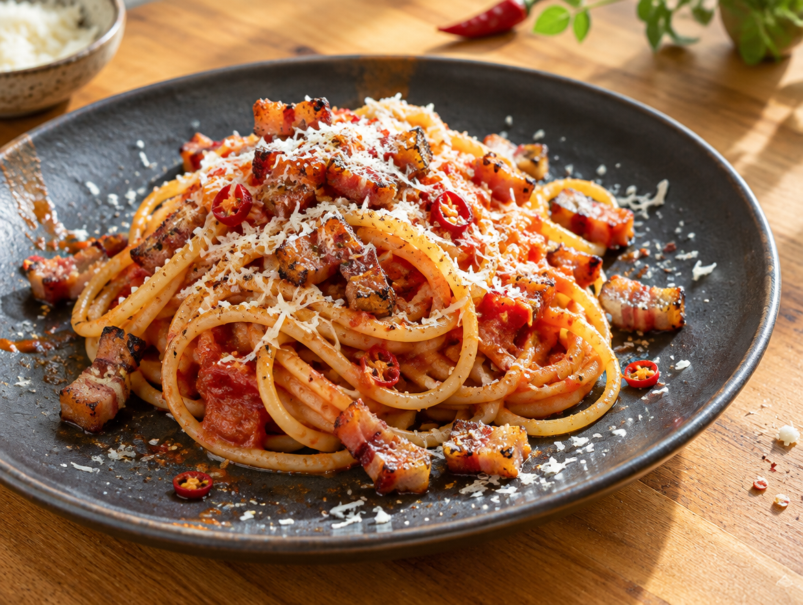 spaghetti all'amatriciana met spek en pecorino