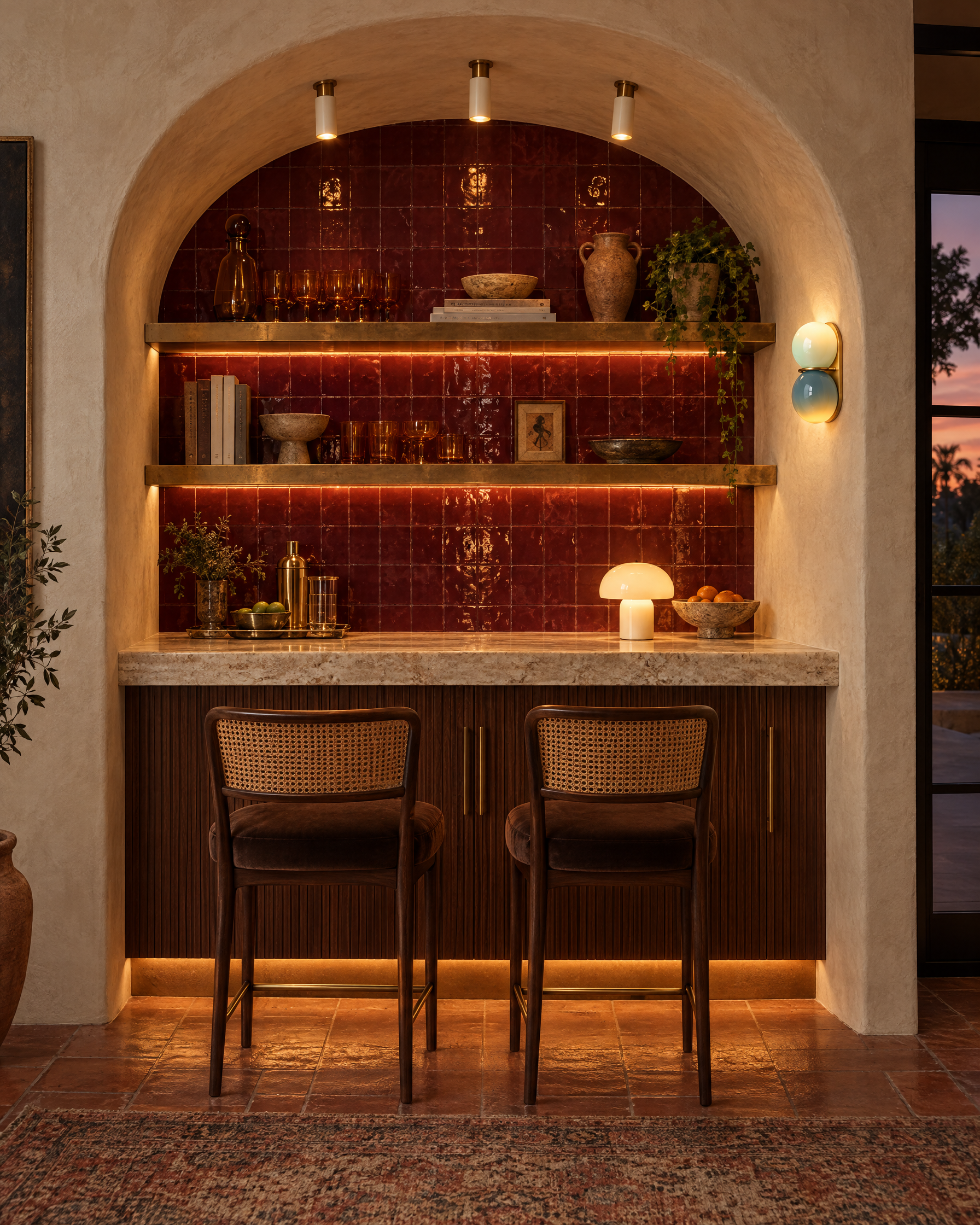 The bar with layered warm lighting: brass spotlights, a glass globe sconce and undershelf glow