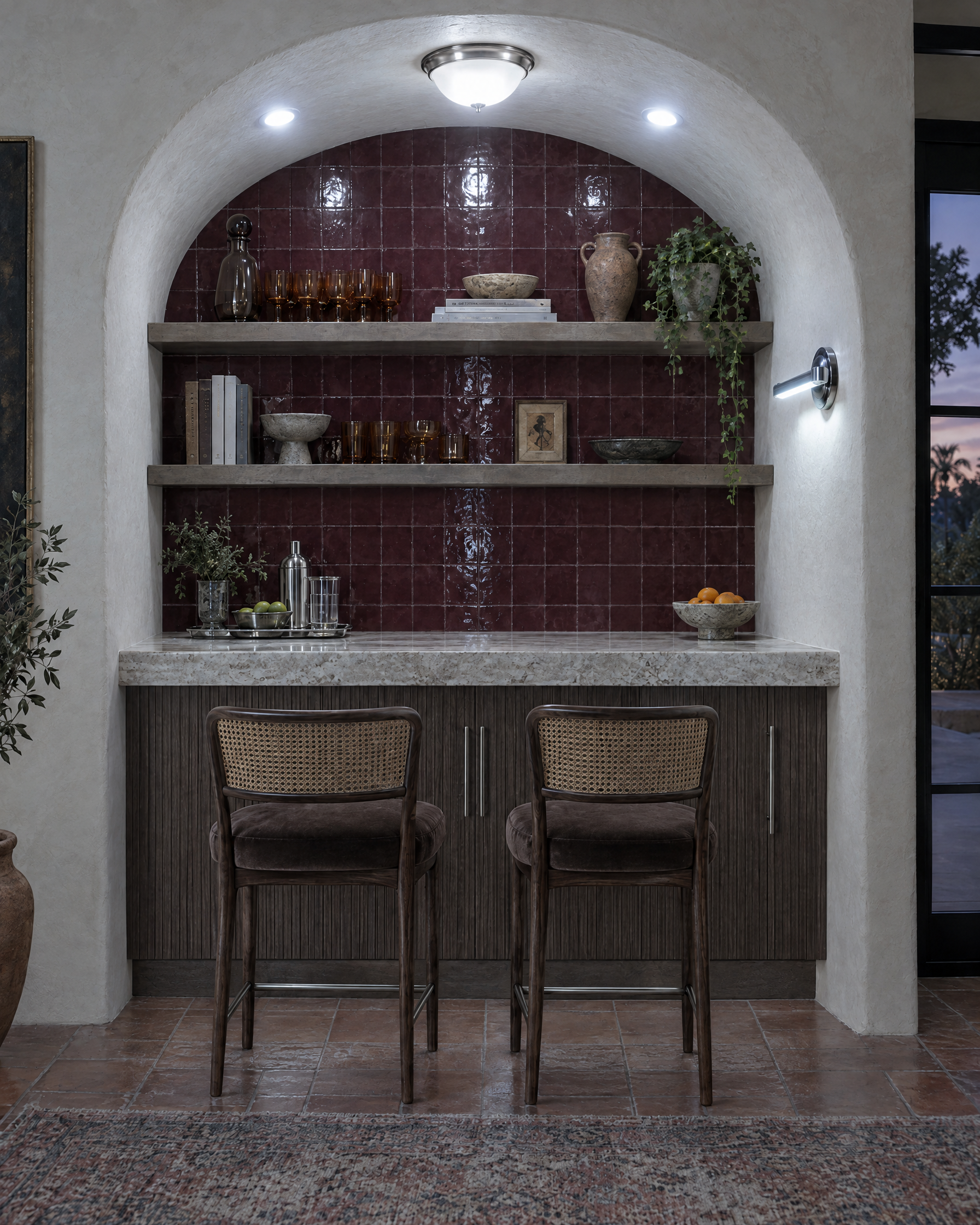 The same bar with flat, cold lighting and clashing chrome fixtures